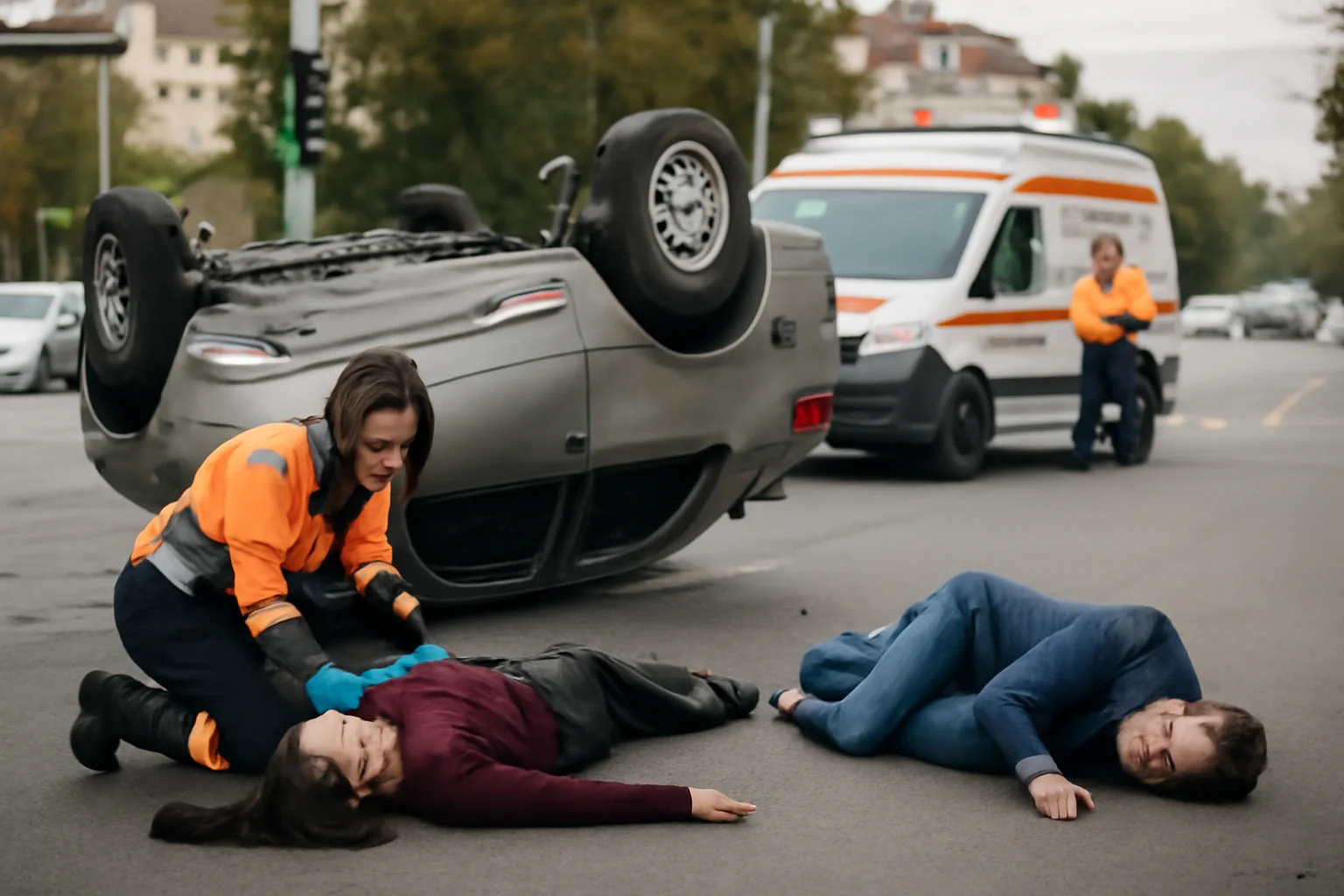 Intersecția Traian cu Nicopol: Doi răniți și o mașină răsturnată