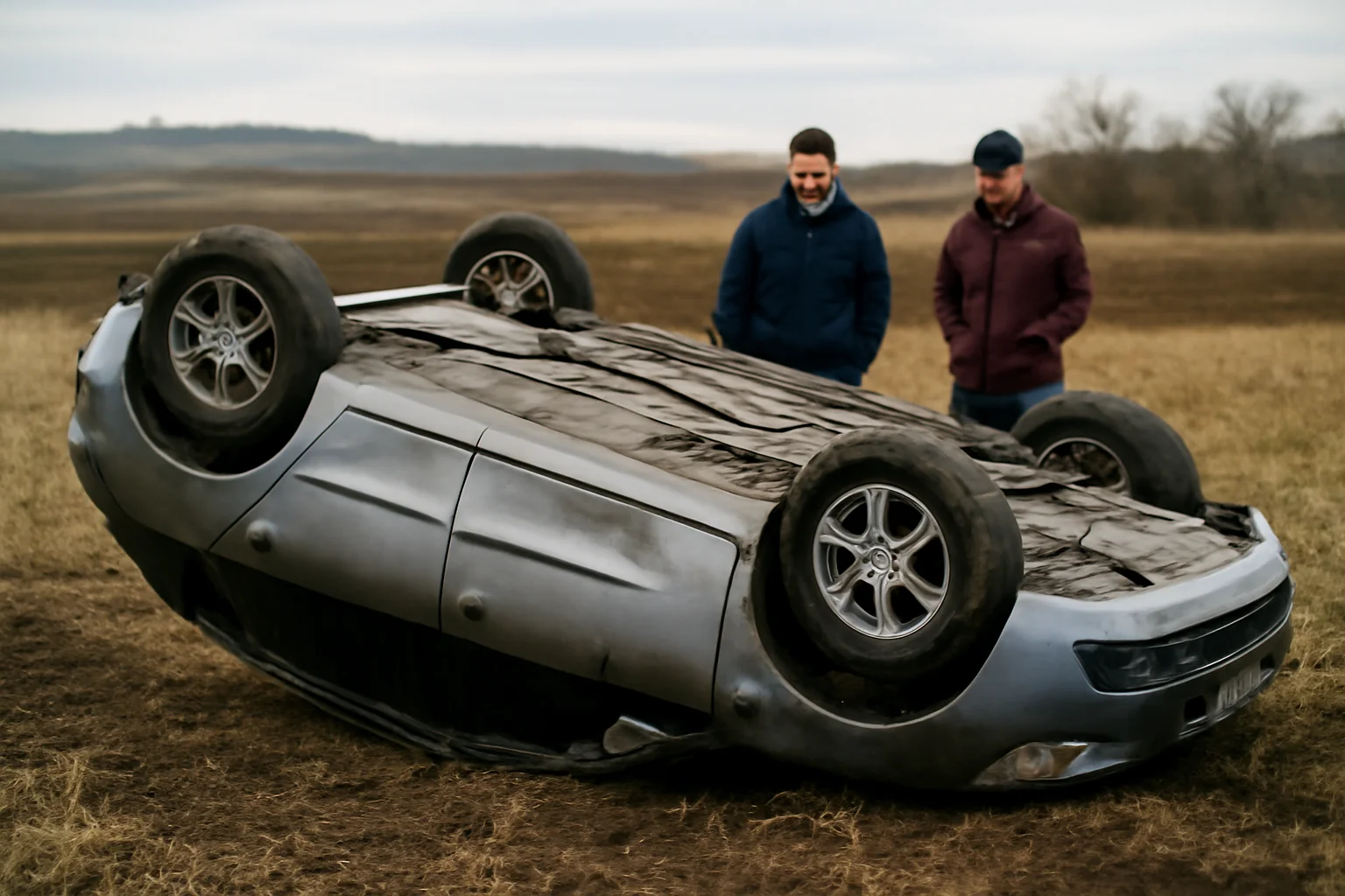 Mașină ieșită de pe carosabil și răsturnată pe un câmp, în apropiere de Nalbant