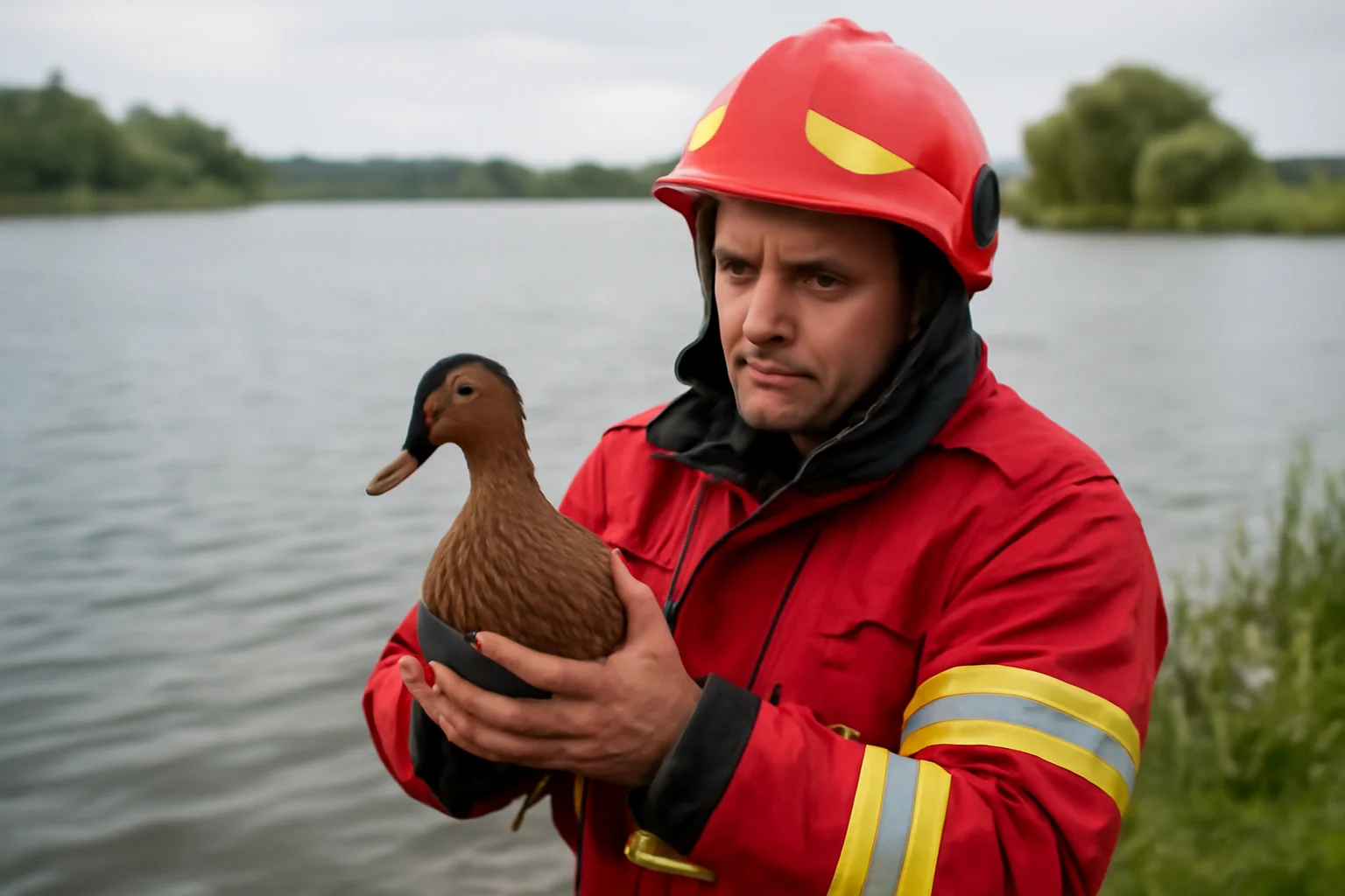 Rață blocată în gheață salvată de pompieri pe lacul Ciuperca din Tulcea